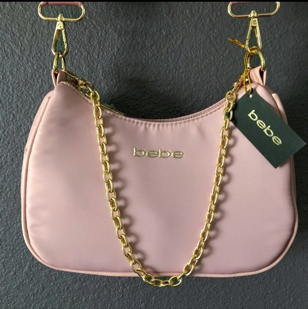 bebe Dusty Pink Satin Shoulder Bag with Gold Chain and Coin Pouch Nwt